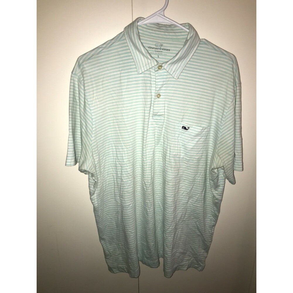 Mens Vineyard Vines Whale Short Sleeve Blue Striped Golf Polo Shirt Size Large
